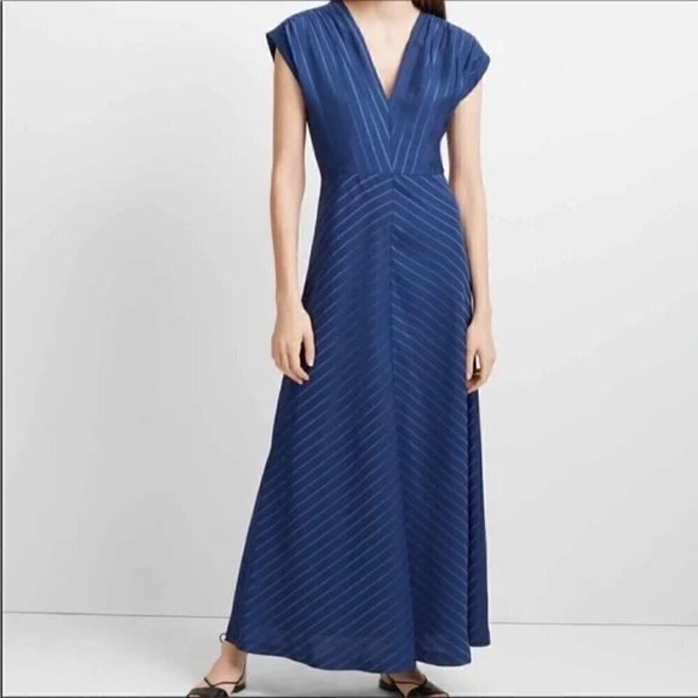 Club Monaco Ravonah Blue Chevron Striped V-Neck Long Maxi Dress